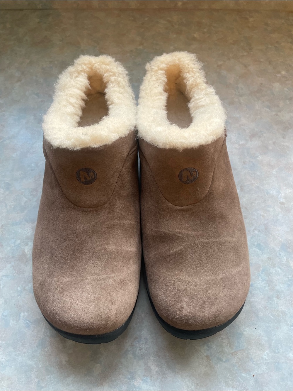 Merrell Brown Suede Shearling-Lined Clog Mules